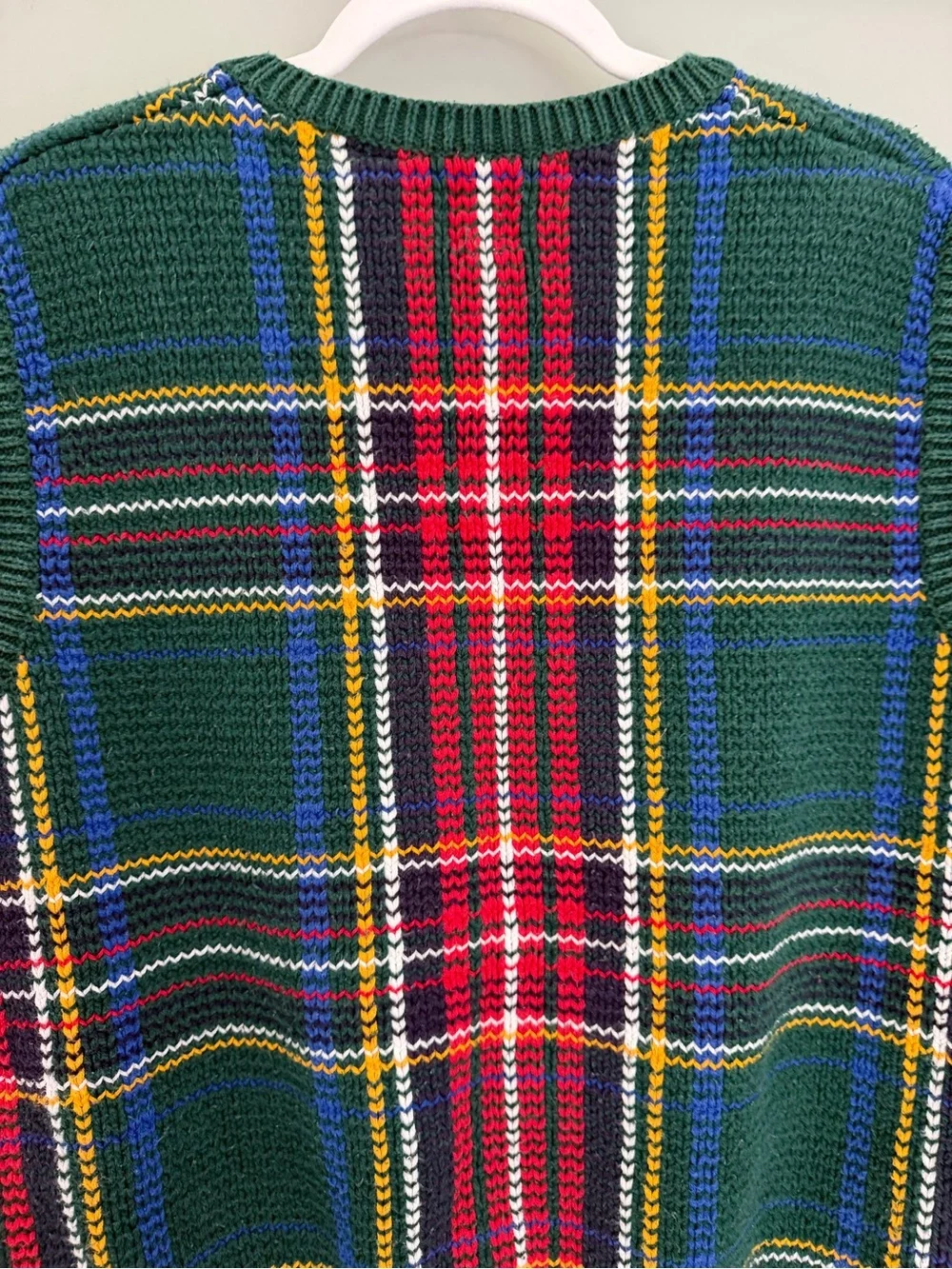 VTG 90s GAP Green Blue Red Holiday Tartan Plaid Knit Sweater Vest 100% Cotton